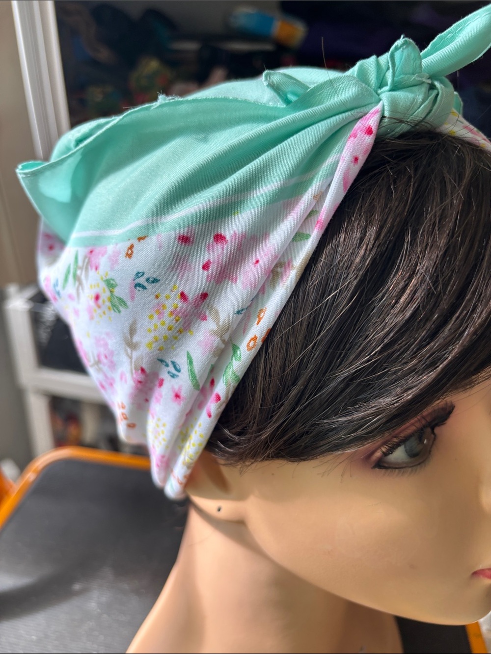 Floral Print and Mint Double-Layer Neck Scarf